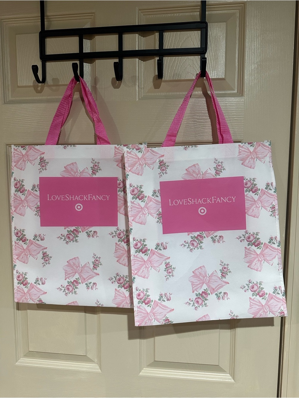 LoveShackFancy Pink and White Floral Reusable Tote Bag Set